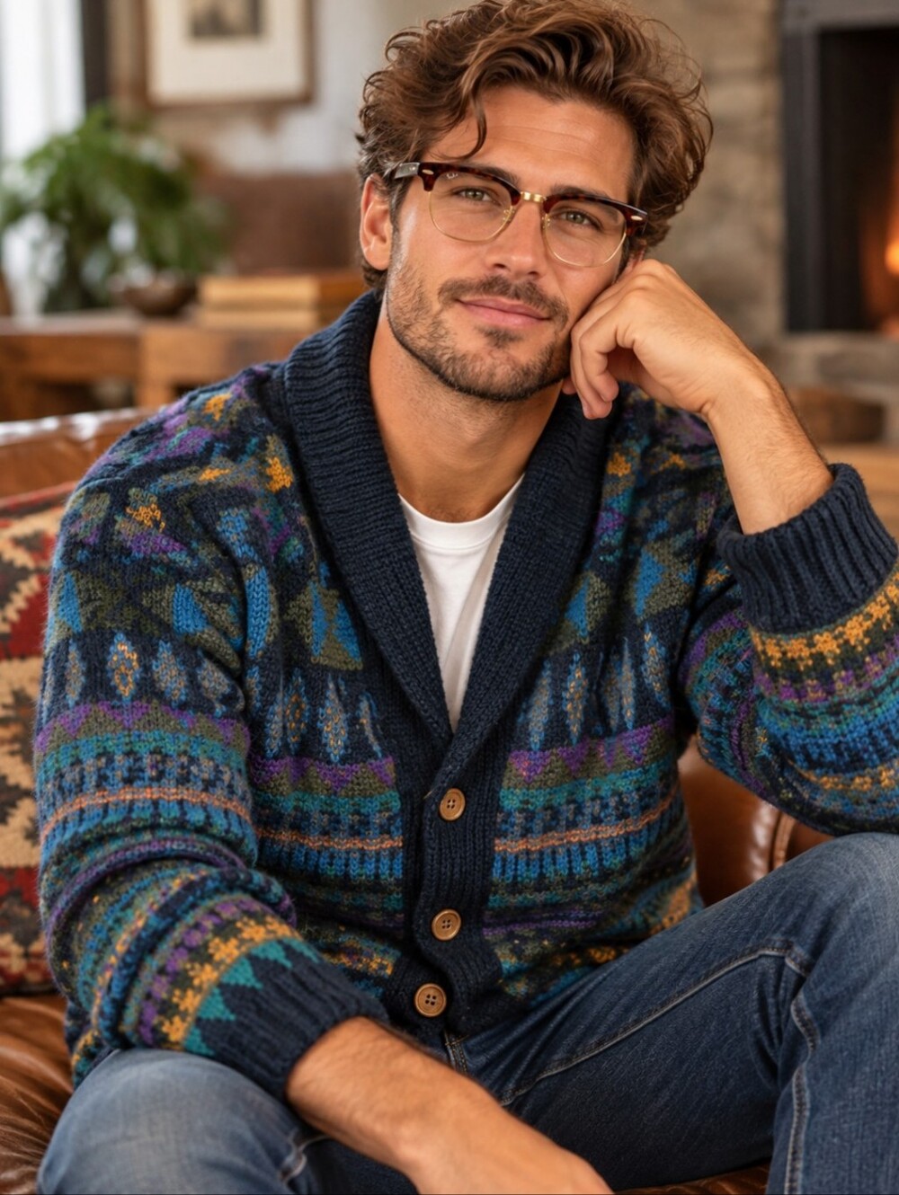 vtg Hand Knit Wool Boston Traders Navy Patterned Shawl Collar Cardigan Sweater L